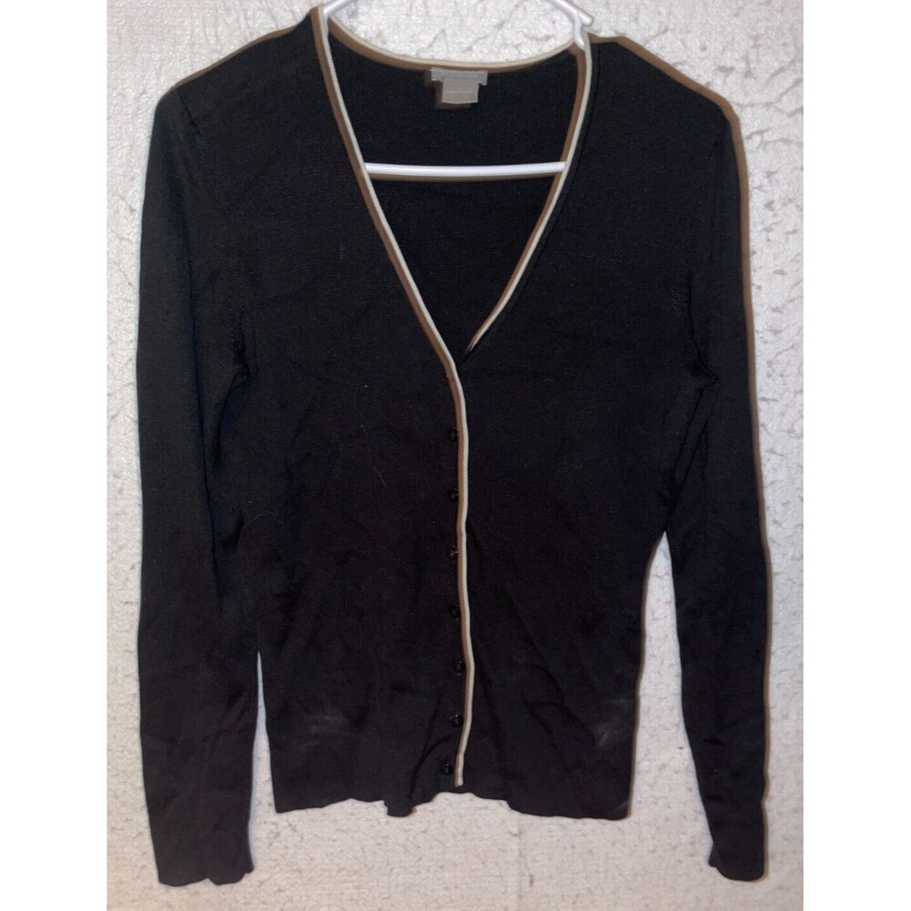 Ann Taylor Contrast Trim V-Neck Black Silk Long Sleeve Cardigan Women’s Size S
